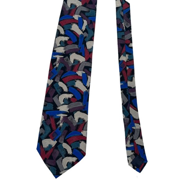 Andhurst Men's Abstract Black Red Blue Tan Classic Silk Necktie - Picture 2 of 6